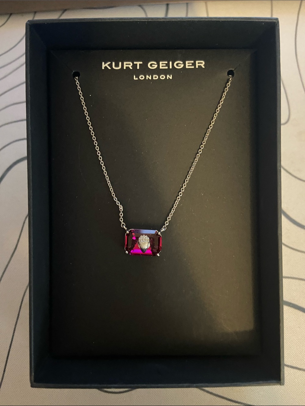 Kurt Geiger Silver Chain Necklace with Fuchsia Rectangular Crystal